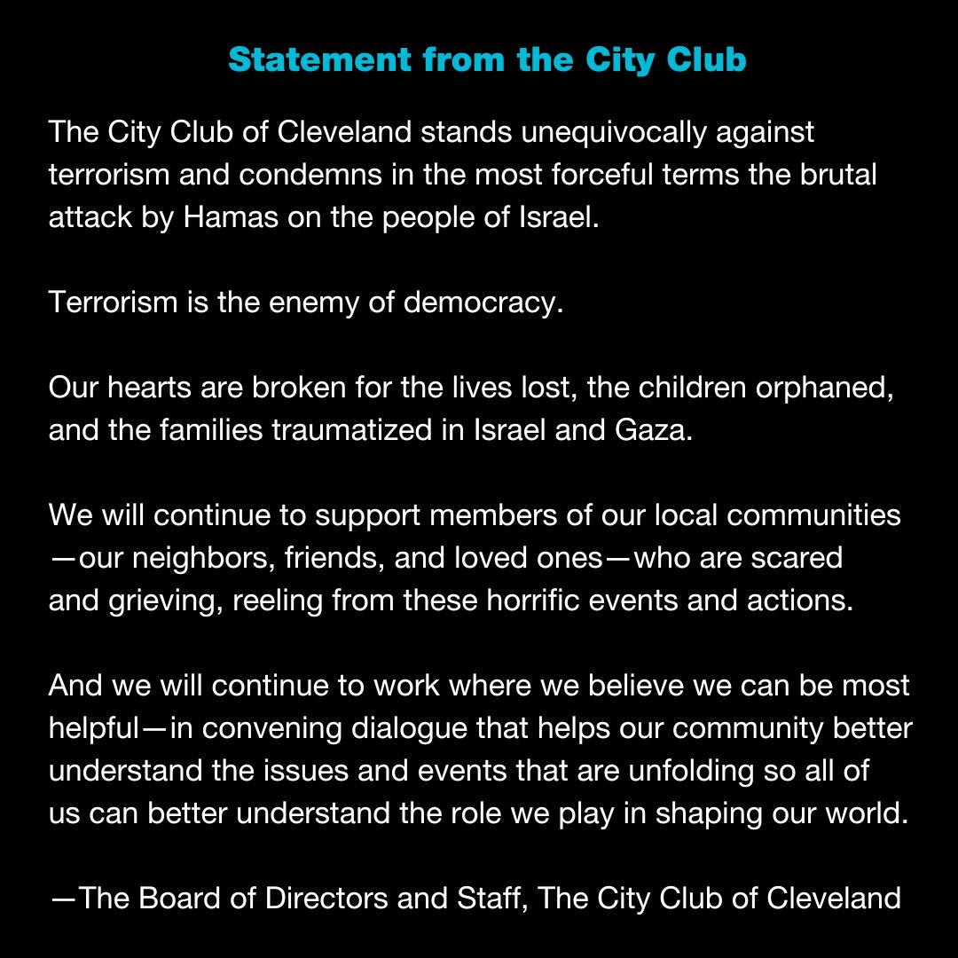Statement from the City Club on the attacks in Israel. cityclub.org/blog/2023/10/1…