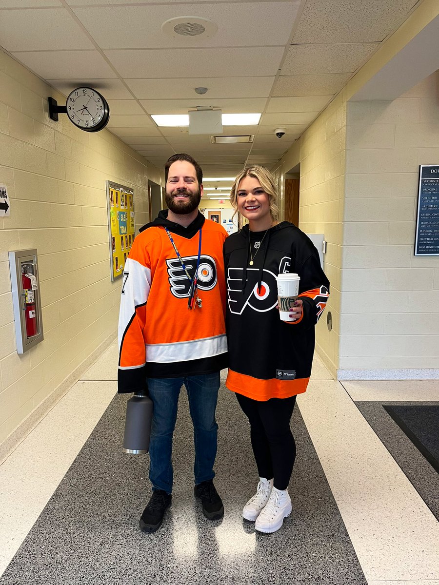 DASD_ShDunn's tweet photo. It’s the most wonderful time of the year—Philly Sports Season! Glad my coworkers and I know to represent while we teach!  Let’s go, Phils @Phillies @Eagles @NHLFlyers #RedOctober #PhillySports #FlyEaglesFly  #NarwhalNation https://t.co/os08ttjNr2
