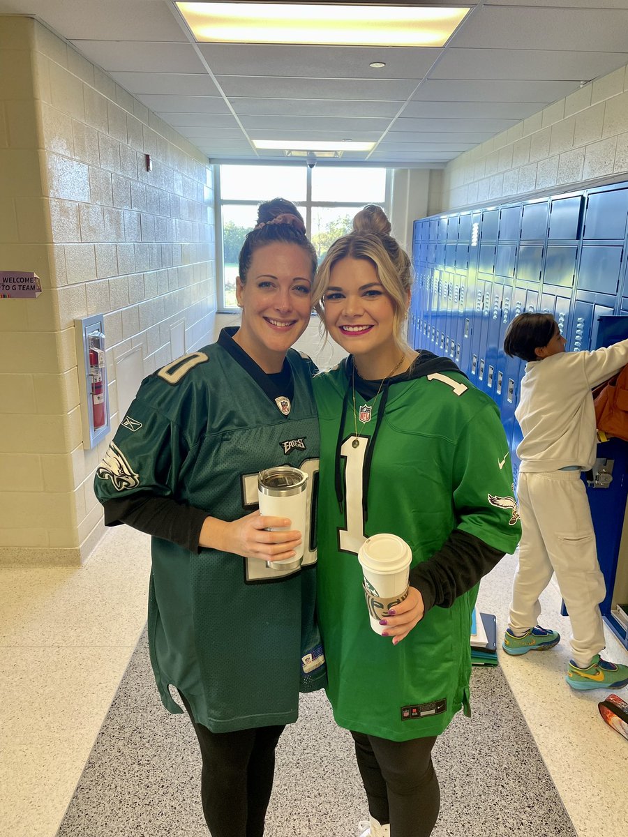 DASD_ShDunn's tweet photo. It’s the most wonderful time of the year—Philly Sports Season! Glad my coworkers and I know to represent while we teach!  Let’s go, Phils @Phillies @Eagles @NHLFlyers #RedOctober #PhillySports #FlyEaglesFly  #NarwhalNation https://t.co/os08ttjNr2