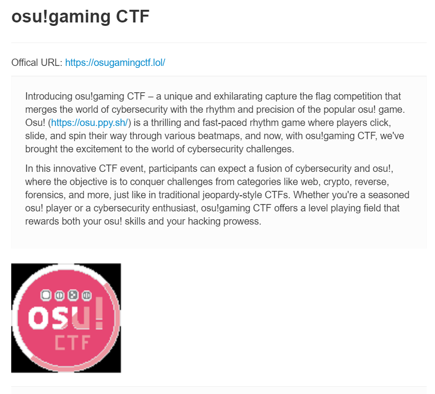 ctftime.org/ctf/998 Our banger event combining CTF with osu! coming soon ™️