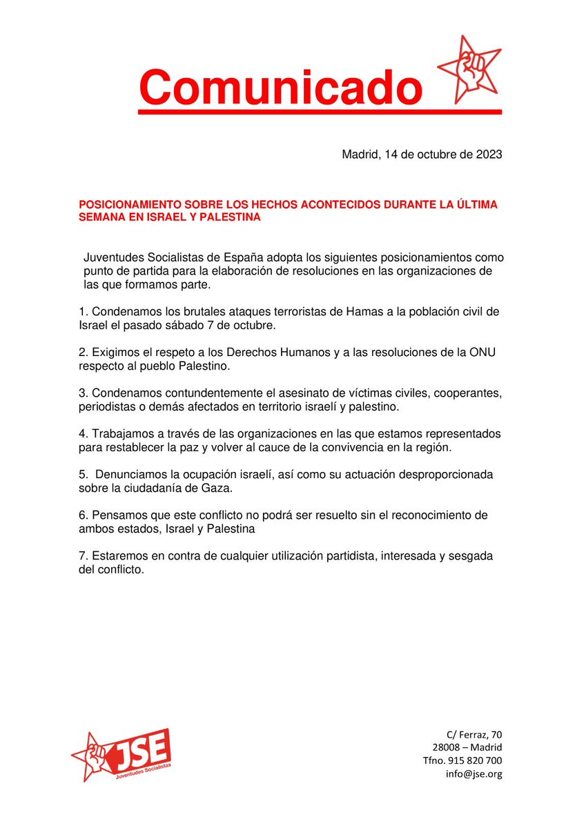 📢📋 Posicionamiento a trasladar a diferentes organizaciones de las que forma parte <a href="/JSE_ORG/">Juventudes Socialistas</a>

▪️Sobre los hechos ocurridos en Israel y Palestina durante la última semana.