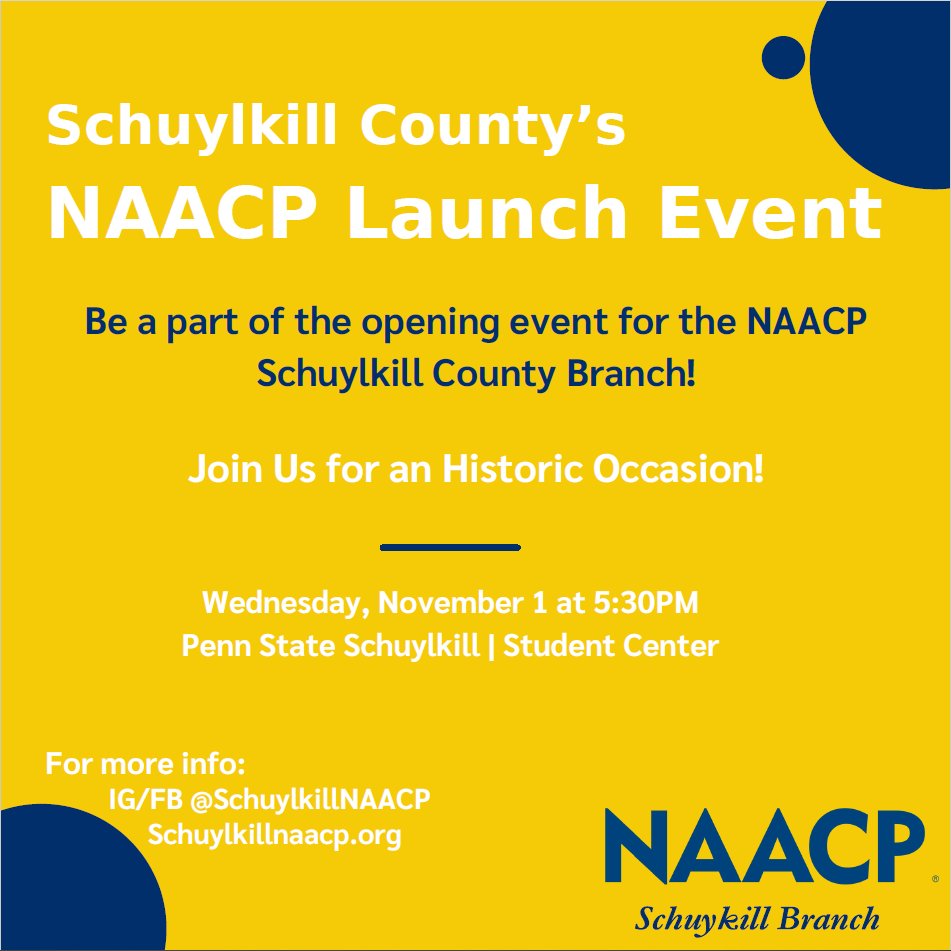 schuylkillnaacp's tweet photo. We are excited to be having our launch event at the @PennStateSL Student Center on November 1st at 5:30 PM. Bring your friends. Bring your family. Come for food and fellowship. Looking forward to seeing everyone there!! #NAACP #thriving https://t.co/2Gj2SSXxWm