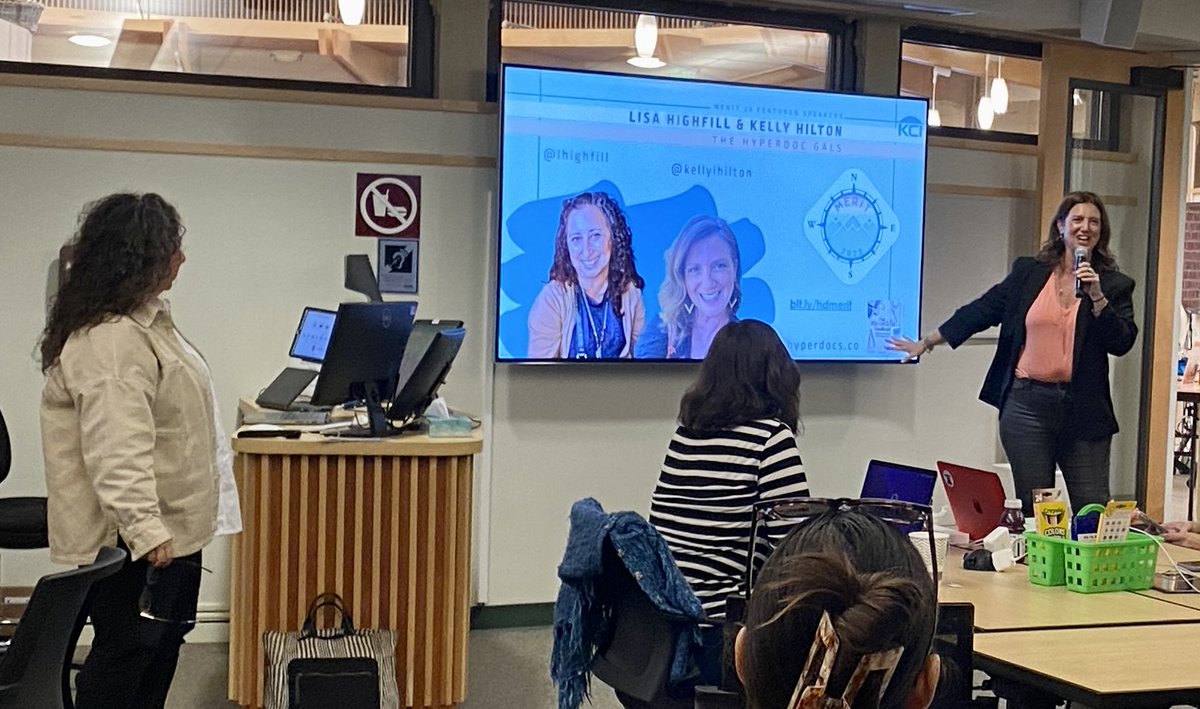 The fabulous @lhighfill + @kellyihilton are here with our #MERIT23 cohort to talk all things #HyperDocs and lesson design 💙 @krausecenter @sewelljteach @williams_sjw @scubagirl812