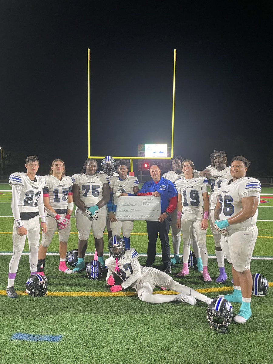 Big 60-0 win but more importantly this month is about Cancer awareness. You see many kids wear the different colors but do they know why. Well we shared w/ our kids the reason and the kids also donated to the cause! Proud coach! #armwoodfootball #supportthecause