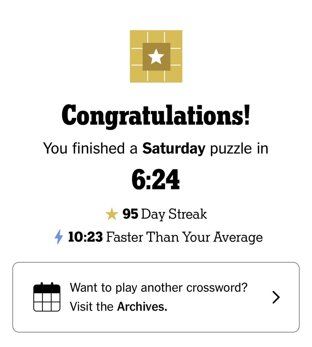 Fast Saturday #NYTXW. 6:24