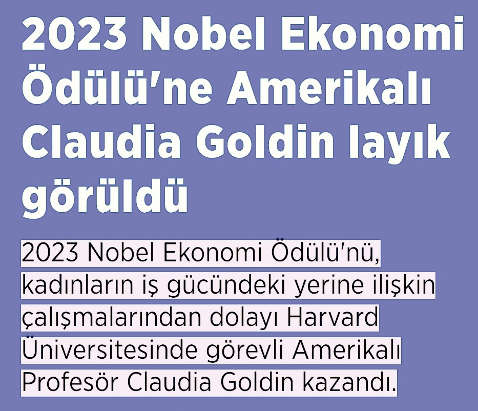 Alfred Nobel anısına verilen; #2023SverigesRiksbank #İktisadiBilimlerÖdülü'nü #ABD’li #ClaudiaGoldin kazandı.
#2023NobelEkonomiÖdülü'nün sonucunu #İsveçKraliyetBilimlerAkademisi açıkladı.
#ÇalışmaEkonomisiAlanındaUzman olan #Goldin 1969'dan beri #eko. ödülü kazanan 3.kadın oldu.