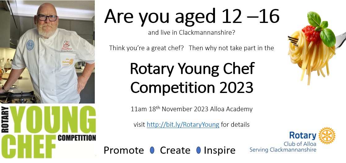 RotaryAlloa (@alloarotary) on Twitter photo 🍽️ Rotary Young Chef Competition Alert! 🌟📅 Save the Date: 18th Nov 2023 🏫 <a href="/AlloaAcademy/">Alloa Academy</a>
👨🍳 Budding chef aged 12-16 living in Clackmannanshire? Join the culinary journey from Local Heats to National Finals! 🏆bit.ly/RotaryYoung
#RotaryYoungChef #Rotary #Clacks 🍽️ Rotary Young Chef Competition Alert! 🌟📅 Save the Date: 18th Nov 2023 🏫 <a href="/AlloaAcademy/">Alloa Academy</a>
👨🍳 Budding chef aged 12-16 living in Clackmannanshire? Join the culinary journey from Local Heats to National Finals! 🏆bit.ly/RotaryYoung
#RotaryYoungChef #Rotary #Clacks