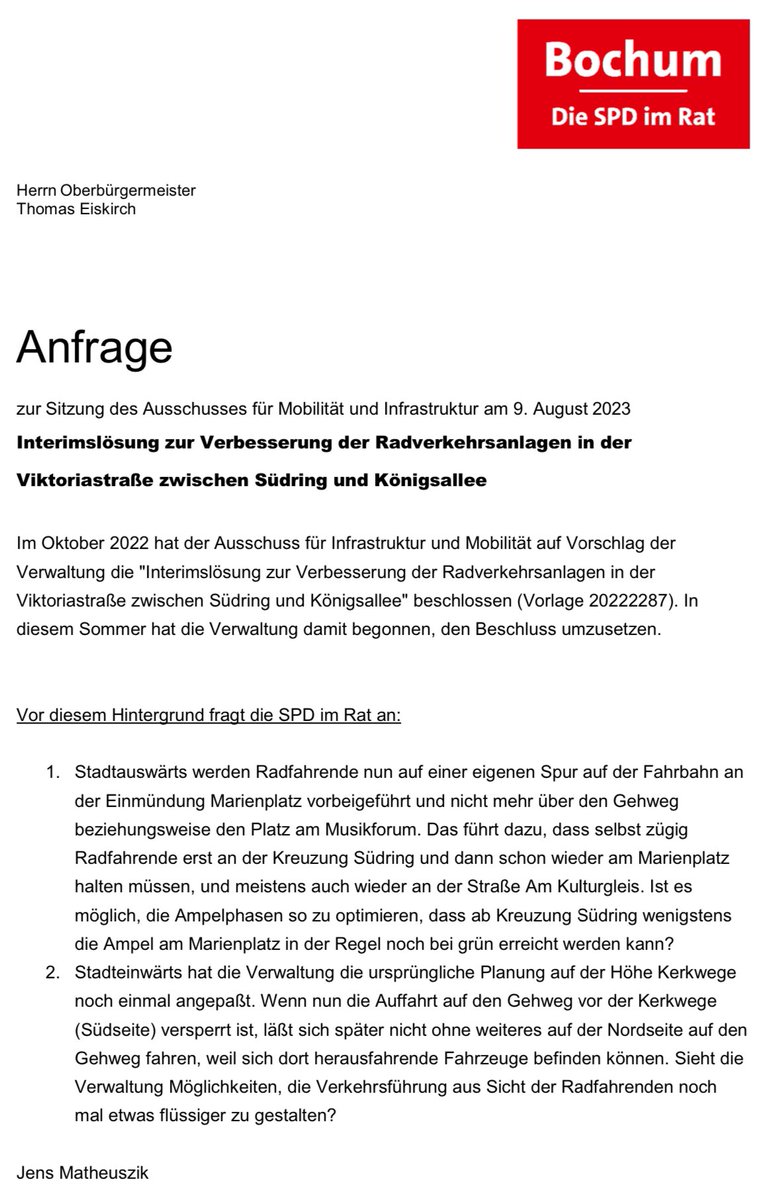 JensMatheuszik's tweet photo. 1/3 Im August 2023 gab es von mir eine Anfrage von mir - u.a. zur Ampel 🚦 an der #Viktoriastraße, direkt am #Musikforum. 
Die Frage hierzu lautete:

Ist es möglich, die Ampelphasen so zu optimieren, dass ab Kreuzung Südring wenigstens die Ampel am Marienplatz in der […] #boAMI https://t.co/bNTFRRij9q