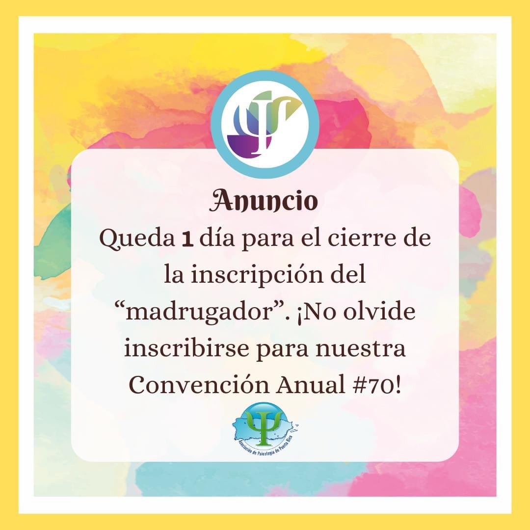 ¡SOLO QUEDA 1 DIA! La inscripción del "madrugador" para la Convención Anual, en su edición #70 culmina el 15 de octubre de 2023.

Inscripción disponible aquí: form.jotform.com/231974921557870

Para más información acceda: Convención | APPR (asppr.net)