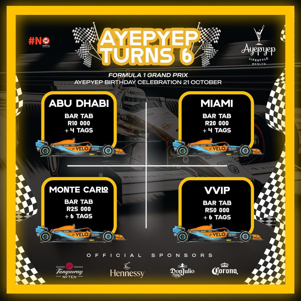 Secure your table with a payment to avoid disappointments 

Contact: Obonolo 0781363754

Whatsapp line:+27 73 230 6441

FREE ACCESS TILL 6PM
R200AT THE DOOR THEREAFTER

2 LOIS AVE . MENLYN | PRETORIA.0181