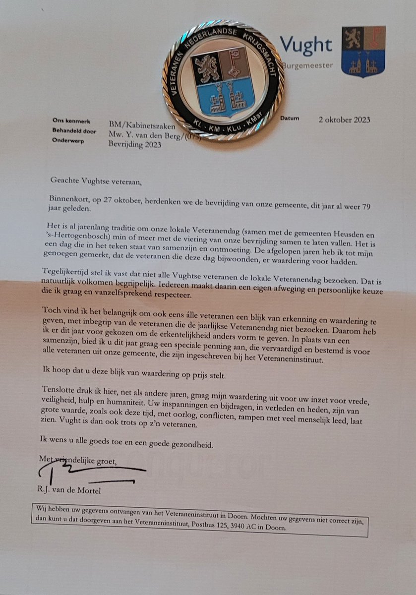 Mooie waardering van onze burgemeester <a href="/rvdmtv/">R.J. van de Mortel</a> voor alle #Veteranen uit onze Gemeente <a href="/Vught/">Gemeente Vught</a> 

#VoorVredeEnVeiligheid #BeschermenWatOnsDierbaarIs <a href="/NLVeteranendag/">Veteranendag</a> <a href="/VeteranenGenie/">Veteranen Regiment Genietroepen</a>