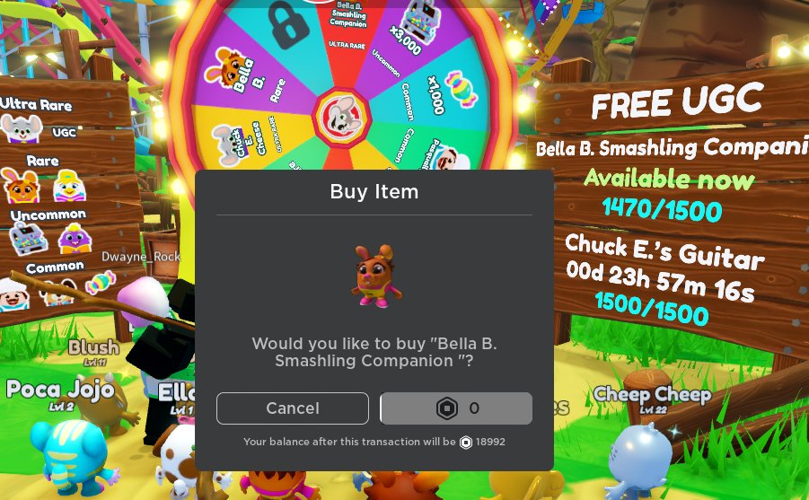 reddi41 on X: You can now spin the wheel in Piñata Smashlings for the Free  UGC Limited. Bella B. Smashling Companion. 500 Tickets per Spin. 1.5k  Stock. The Chuck E.'s Guitar will