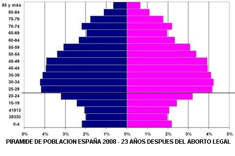 Esta es la piramide poblacional de España, la linea negra divide a las generaciones que nacieron a partir de la vigencia de la ley de ab0rto. Este es el genocid1o mas grande de la historia de la humanidad.
