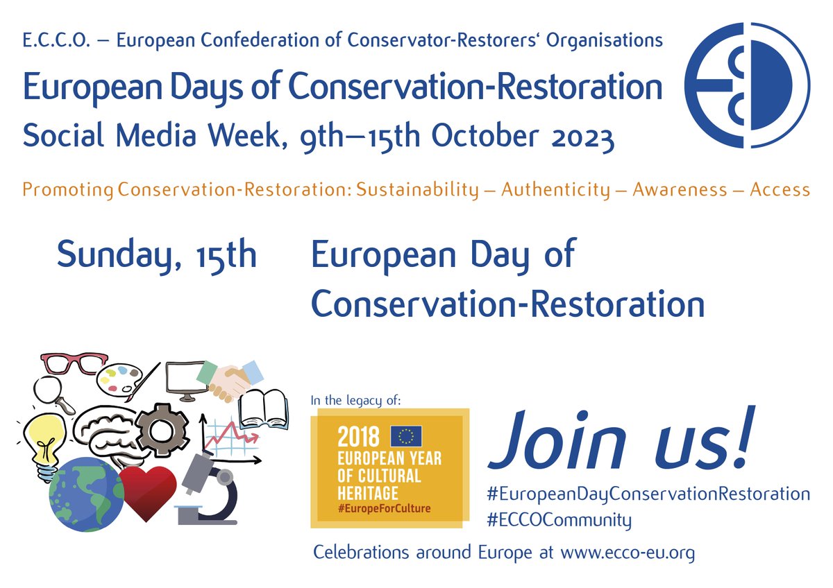 Heute feiern wir den European Day of Conservation-Restoration! Eine Hommage an dieses einzigartige Fachgebiet! Eine Gelegenheit, Erfolge zu teilen und mit der Öffentlichkeit in den Dialog zu treten 🎉🏛️ #ConservationRestoration #EuropeanDayofConservationRestoration
#ECCOCommunity