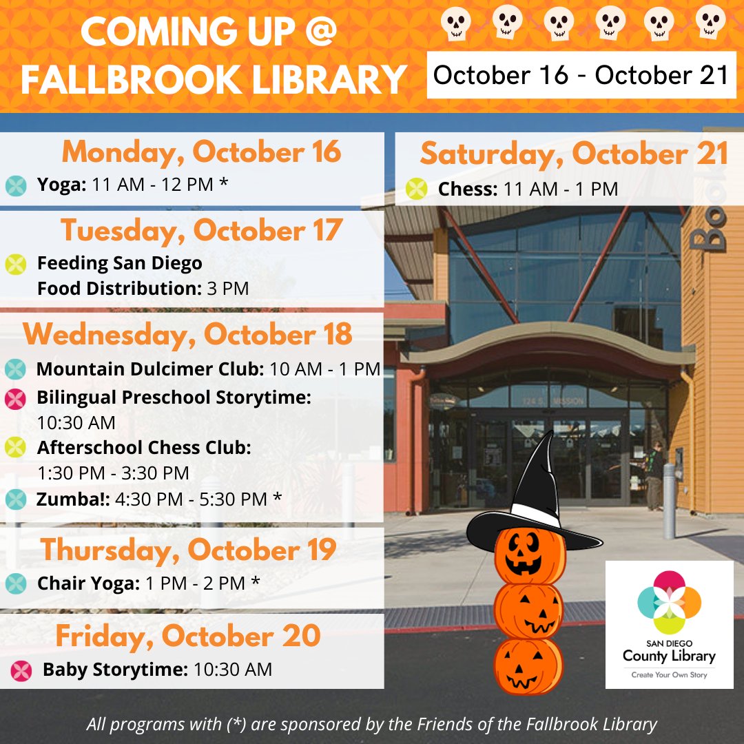 FallbrookSDCL's tweet image. Check out this week&apos;s events at the library!
#fallbrooklibrary #fallbrook #fallbrookca #sdcl