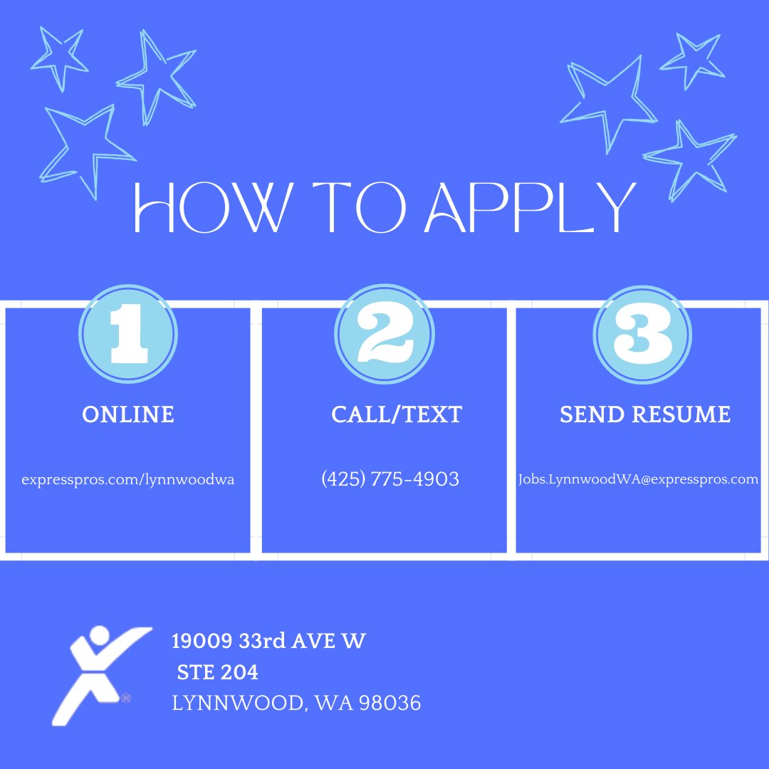 ExpressLynnwood's tweet image. Need a job? Seeking some temp work? Let Express Lynnwood help you find your next opportunity! It's easy to apply, go visit our website to view our current job openings or give us a call/text! We are excited to hear from you!
#ExpressProsLynnwoodWA #HowToApply #Staffing