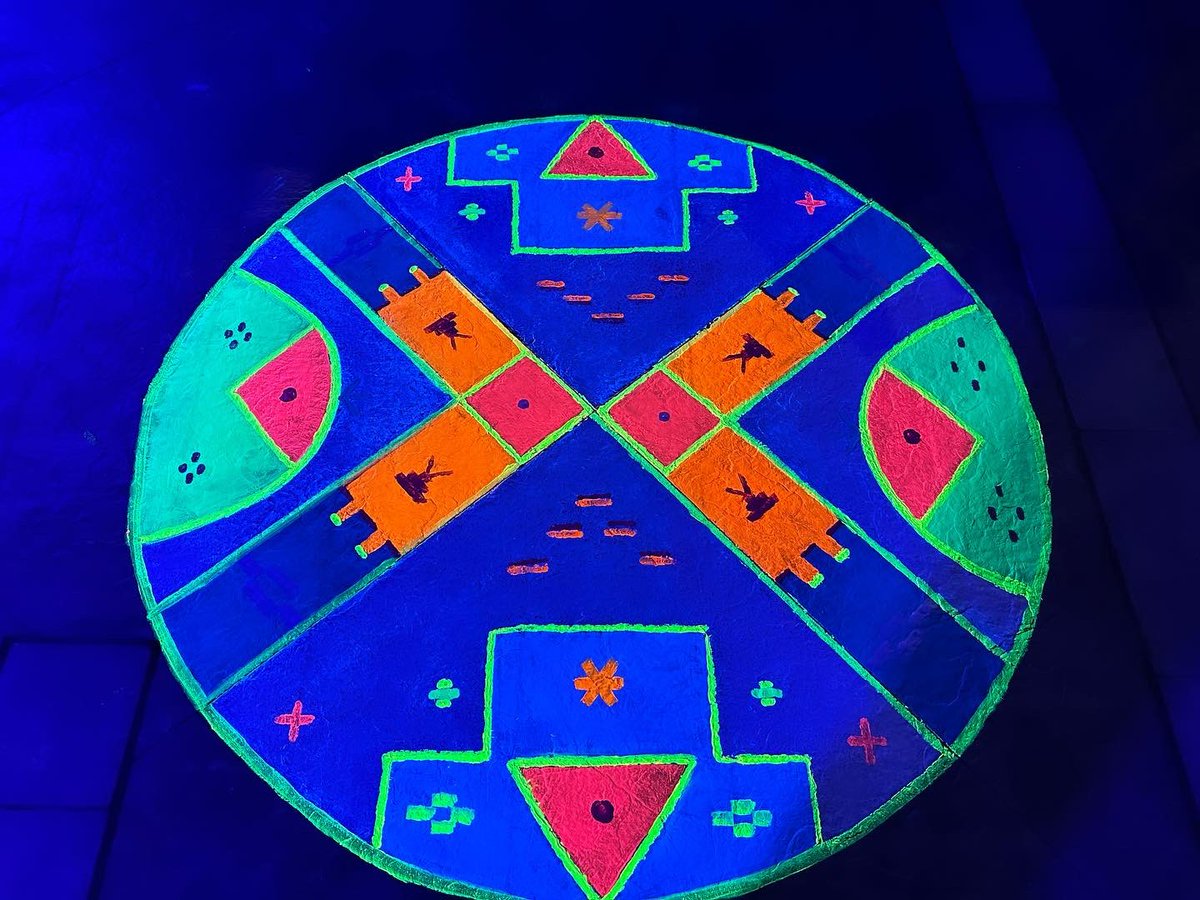MelPeterPaul's tweet photo. Glow in the dark Mi’kmaq Quillwork chalk art at the Art Gallery of Nova Scotia Courtyard for Nocturne! Wela’lin to all my little helpers and to Innujaq!! This was such a fun night. 🫶🏾✊🏽 @NocturneHalifax @ArtGalleryNS https://t.co/lUFR5wKGJa