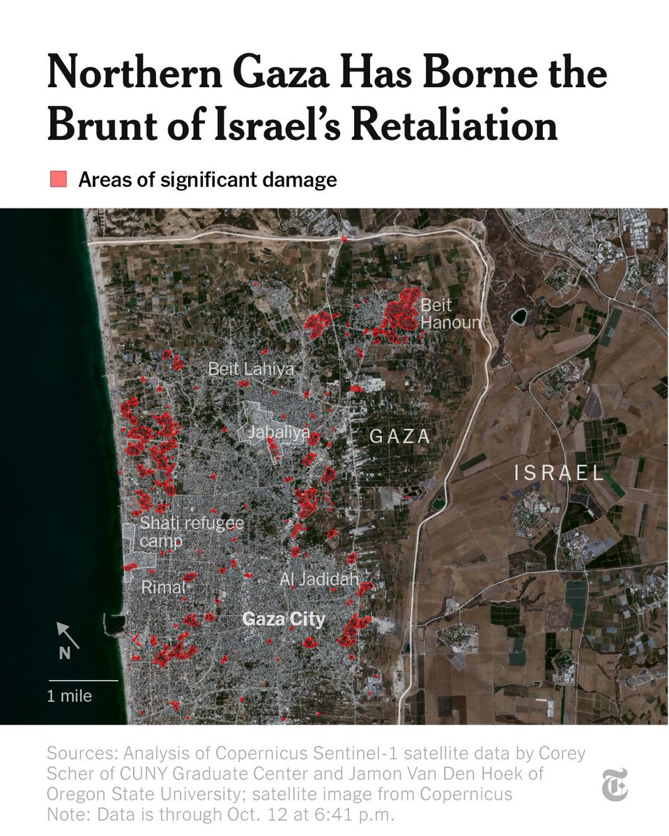 nytimes's tweet photo. A new analysis of satellite imagery shows an estimate of the areas in Gaza that were significantly damaged in the first six days of Israel’s retaliatory airstrikes. Significant damage is most visible in several areas in northern Gaza. https://t.co/orEyE3UqUl https://t.co/l9ZjHn2VFA