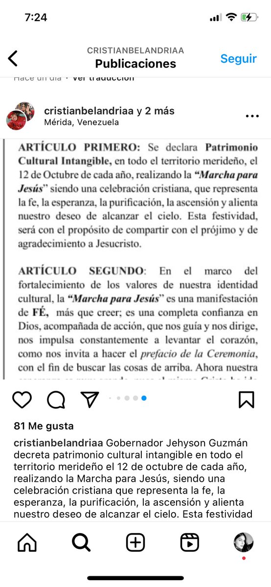 Gabyebs's tweet photo. Dos gobernadores (Merida y Aragua) han decretado la “Marcha para Jesús” Patrimonio Intangible Regional 

Esto es gravísimo, el Estado es Laico y ningún gobernador puede decretar un patrimonio a su antojo sin cumplir los mínimos parámetros

Aquí se los dejo 

👇👇👇 https://t.co/KptDdvFMlK