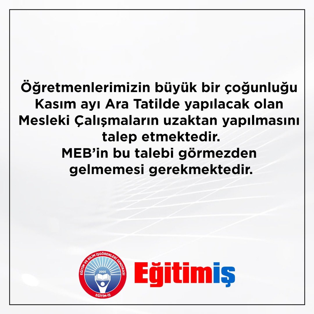 Eğitim-İş (@egitimis) on Twitter photo Milli Eğitim Bakanlığı’nın öngörüsüz uygulamalarından dolayı öğretmenleri mağdur edemezsiniz. Öğretmenlerimizin büyük bir çoğunluğu Kasım ayı Mesleki Çalışmaların uzaktan yapılmasını talep etmektedir. MEB’in bu talebi görmezden gelmemesi gerekmektedir.
<a href="/tcmeb/">Millî Eğitim Bakanlığı</a> Milli Eğitim Bakanlığı’nın öngörüsüz uygulamalarından dolayı öğretmenleri mağdur edemezsiniz. Öğretmenlerimizin büyük bir çoğunluğu Kasım ayı Mesleki Çalışmaların uzaktan yapılmasını talep etmektedir. MEB’in bu talebi görmezden gelmemesi gerekmektedir.
<a href="/tcmeb/">Millî Eğitim Bakanlığı</a>