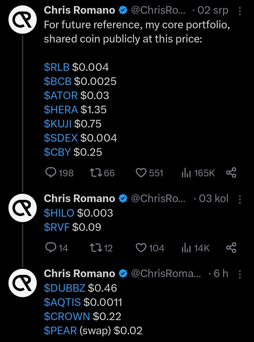 CryptoGideon_'s tweet photo. Is your portfolio down?📉

Then you must check list of tokens from 2 gigabrains that outperformed everyone in this bear📈

List of tokens that helped:

• @cryptocevo
• @ChrisRomanoC 

make new ATH in their portfolio during this bear💰

(Short description for every token)

👉Cevo's list:👈

1️⃣ #0x0 - @0x0exchange

All-in-One privacy solution featuring:

✅AI Auditor
✅Privacy Mixer
✅Privacy DEX
✅Anti-Rug AI
✅AI Developer Hub

with revenue share to its holders.💸

➖➖➖➖➖➖➖➖

2️⃣ $HILO - @HILOtoken 

Binary options that allow you to bet on the price of tokens without risk of liquidation.

✅Leader & no competitors
✅Great MktCap/FDV
✅Revenue share
✅Deflationary

➖➖➖➖➖➖➖➖

3️⃣ $KUJI - @TeamKujira

Blockchain build on top of Cosmos for Real Yield

✅Semi-Permissioned
✅Native Token Generation
✅On-chain Scheduler

➖➖➖➖➖➖➖➖

4️⃣ $DUBBZ - @playdubbz

Dubbz allows gamers and game developers to monetize their skills.🎮

It's a mix of:

✅GameFi
✅GambleFi
✅Crypto/blockchain

➖➖➖➖➖➖➖➖

5️⃣ $HERA - @HeraAggregator

AI-Powered Multichain Dex Aggregator.

Available on:

✅ $ARB
✅ $METIS

and coming to $ETH soon.

➖➖➖➖➖➖➖➖

6️⃣ $ATOR - @atorprotocol

It allows you to contribute to internet anonymity as a relay and receive ATOR through Proof-of-Uptime.

Features:

✅Building Obscurity
✅End-to-End Privacy

➖➖➖➖➖➖➖➖

7️⃣ $PERPS - @perpstech

A project that allows you to short/long FT keys of influencers.⚖️

Big if SocialFi booms in popularity.

➖➖➖➖➖➖➖➖

8️⃣ $MTE - @MixToEarn

MixToEarn offers ultimate privacy and advanced transaction solutions.

Features:

✅zkSNARKs-based privacy mixer
✅"Earn and Anonymize"

➖➖➖➖➖➖➖➖

9️⃣ $CROWN - @photofinishgame

Allows you to:

✅Buy/Sell
✅Trade
✅Breed 

virtual horses and bet for real money.💸

➖➖➖➖➖➖➖➖

🔟 $PEAR - @Pearswapnet

It offers P2P/OTC transfers of any crypto.🔄

Thus removing a need for:

✅Liquidity
✅Taxes

➖➖➖➖➖➖➖➖

1️⃣1️⃣ $CBY - @Carbify_io 

ReFi project that is tokenizing CO2.🌱

Allows to:

✅Fight poverty
✅Offer food security
✅Plant trees in the Amazon

Cevo also like $BANANA 👌

➖➖➖➖➖➖➖➖

👉Romano's list:👈

1️⃣ $RLB - @rollbitcom 

Crypto's biggest casino.🎲

✅Massive revenue
✅Big user base
✅Deflationary

➖➖➖➖➖➖➖➖

2️⃣ $BCB - @BCBerc20

Decentralized sports betting & online casino platform.

It offers:

✅Sportsbook
✅Casino
✅Poker

➖➖➖➖➖➖➖➖

3️⃣ $SDEX - @every_thing 

1st DEX with a real solution to Impermanent Loss

Features:

✅Code BSL protected
✅Swiss Team

➖➖➖➖➖➖➖➖

4️⃣ $RVF - @RocketXexchange

A hybrid CEX and DEX aggregator.

Support:

✅270+ CEXs and DEXs
✅20,000+ tokens
✅Cross-chain
✅60+ chains

➖➖➖➖➖➖➖➖

5️⃣ $AQTIS - @AQTIS_IO

Smart liquidity protocol powered by:

✅ Quant-Tech
✅ #AI 🤖

➖➖➖➖➖➖➖➖

$ATOR, $HERA, $HILO, $KUJI, $CBY and others are explained in Cevo's list.☝️

➖➖➖➖➖➖➖➖

Conclusion:

I like how they pick similar picks and reputable projects solving true demand in the market.

Sectors like:

•GambleFi
•GameFi
•DEX aggregation
•Privacy
•ReFi-climate friendly
•Real yield/Perps
•OTC/P2P

will be big in Bull.💰

And they picked leaders or innovators.🧠

Also, it proves you don't need only micro-caps to outperform the market.📈

Most of these are mid-caps.👀

Take notes and learn from them.✍️

➖➖➖➖➖➖➖➖

Curious to know thoughts from other skilled traders:

@KaminoCrypto 
@ChadCaff 
@CryptoKaduna 
@KAPOTHEGOAT01
@Overdose_AI 
@cryptolimbo
@TheEuroSniper
@CryptoYusaku 
@MetaverseRanger 
@CryptoNikyous 
@nanobot_trader 
@kevinle_bw 
@CryptoWizardd
@jkrdoc
@EricCryptoman
@JohnnyZcash
@QuantMeta 
@MoonKing___
@gem_detecter
@W0LF0FCRYPT0
@crypto_popseye 
@defi_antcrypto
@Average_JO___
@resdegen