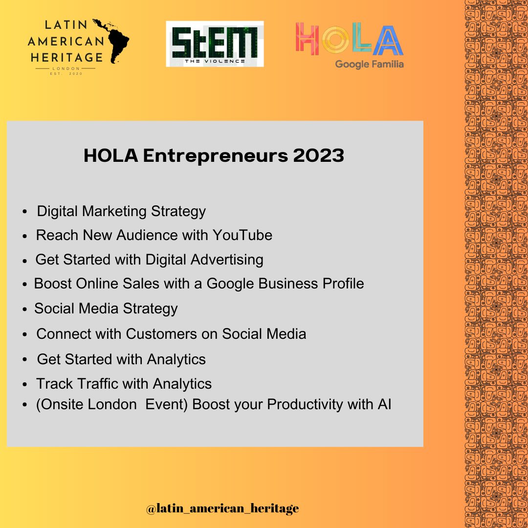 latinx_heritage's tweet photo. Google Hola Entrepreneur 2023 programme
Open to all our Latin American Community who are any stage of their business journey.
#latinamericanheritage #lahm23 #latinamericanheritagemonth #latinxheritagemonth #afrolatinos #afrolatinx #latine #digitalupskill #google https://t.co/qT3N4uGQM3