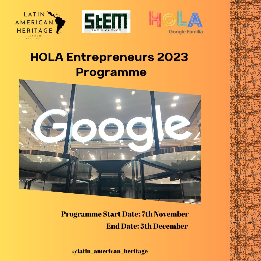latinx_heritage's tweet photo. Google Hola Entrepreneur 2023 programme
Open to all our Latin American Community who are any stage of their business journey.
#latinamericanheritage #lahm23 #latinamericanheritagemonth #latinxheritagemonth #afrolatinos #afrolatinx #latine #digitalupskill #google https://t.co/qT3N4uGQM3