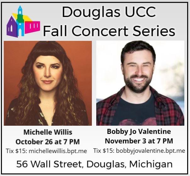 Tickets are now on sale for two AMAZING upcoming concerts at Douglas UCC: Michelle Willis on October 26 and Bobby Jo Valentine on November 3. 

Tickets for each concert are just $15. Get yours now: michellewillis.bpt.me and bobbyjovalentine.bpt.me