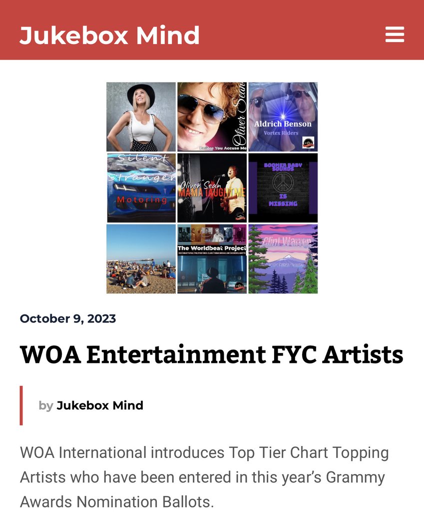 WOA Entertainment #FYC #grammyawards #independentartist #grammyvoters #Grammypeers 💥🙏<a href="/oliversean/">Oliver Sean</a> <a href="/reneeruthmusic/">Renee Ruth Music</a> @aldrichbensonmusic <a href="/theclintwarren/">Clint Warren</a> @philrydermusic <a href="/SilentStranger6/">Silent Stranger®</a> @boomerbabysounds @suzannegrzanna @alexotey @amartyapiano @thereal_arroz @clarkmickj