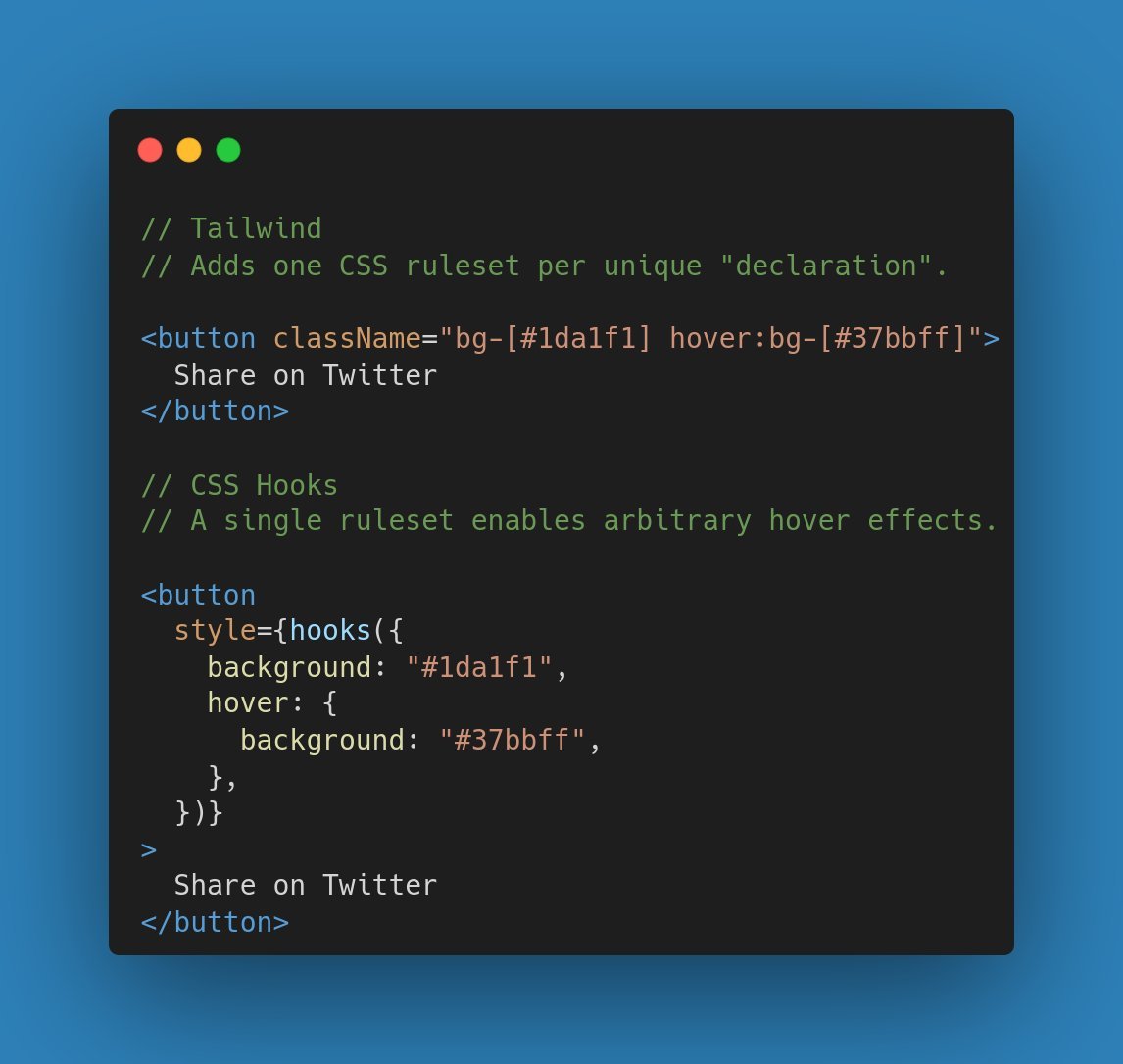 agilecoder's tweet image. Comparing Tailwind vs. @CSSHooks 

#React #SolidJS #CSS #HTML #JavaScript #TypeScript #webdev #uiux #FrontEnd