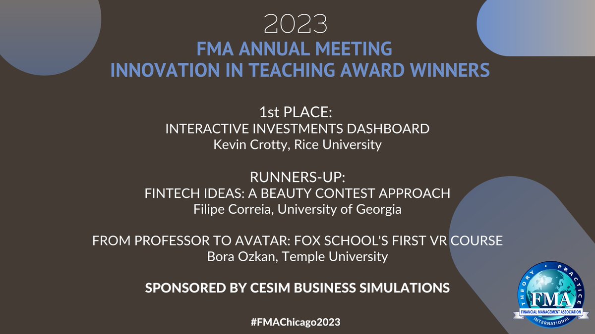 Congratulations to the 2023 Innovation in Teaching Award winners!  

1st PLACE: 
Kevin Crotty, Rice University

RUNNERS-UP:
Filipe Correia, University of Georgia
Bora Ozkan, Ph.D., Temple University

Sponsored by Cesim Business Simulations