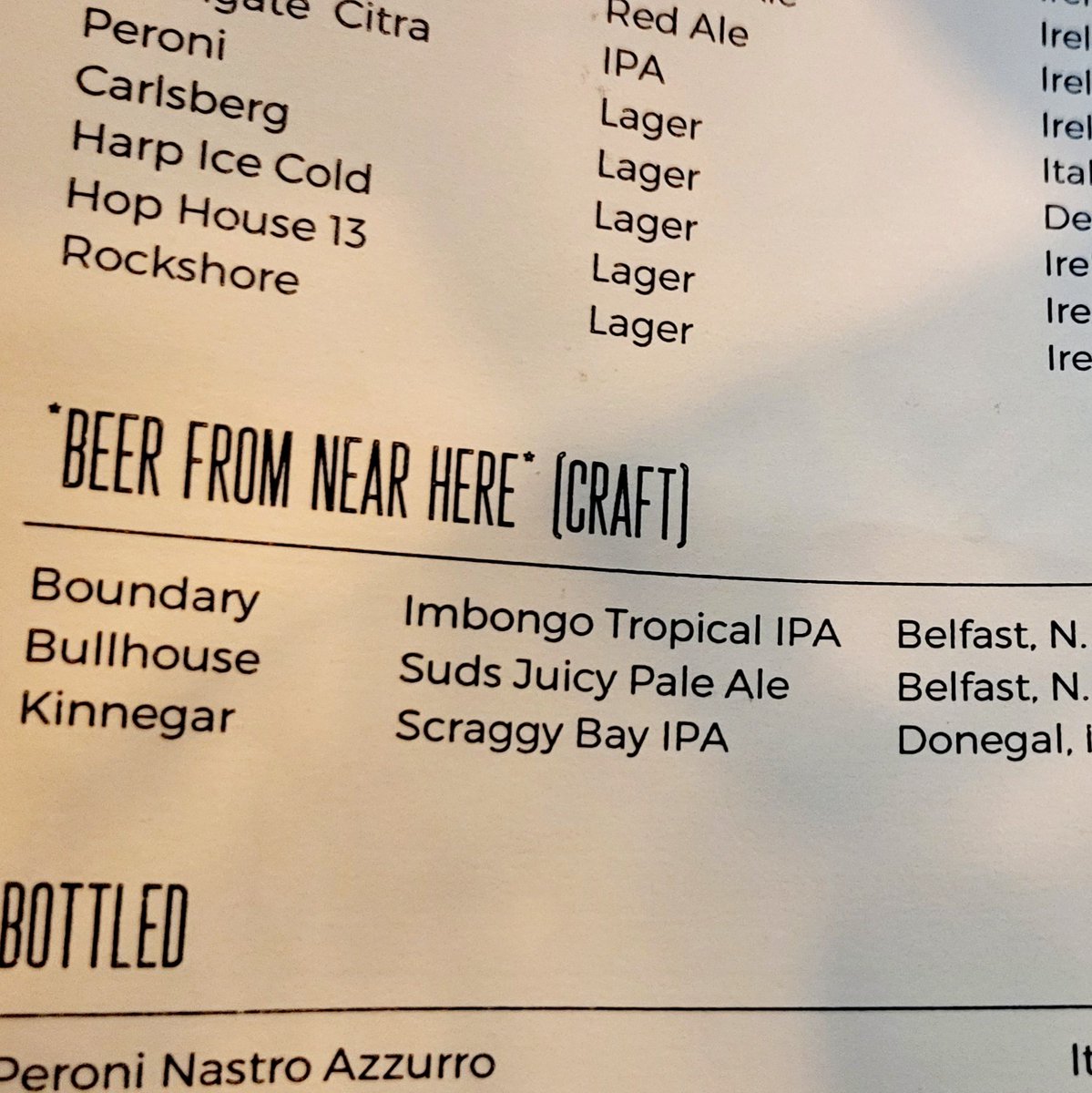 QuareSwally's tweet photo. A few crafty post- #NorthernIreland v San Marino swallies at @Ryansba in Belfast. Nice to have some decent choice of beer so close to Windsor Park. 

@KinnegarBrewing Scraggy Bay
 IPA  
@bullhousebrewco Suds pale ale
and @boundarybrewing Imbongo IPA
#NIRSMR https://t.co/XCsIC8zEhR