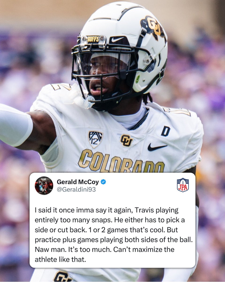 jasrifootball's tweet photo. 𝗧𝗥𝗨𝗘 𝗢𝗥 𝗙𝗔𝗟𝗦𝗘: #Colorado should have Travis Hunter play just one position instead of two so he doesn’t get gassed.

If you agree, should he play CB or WR? https://t.co/sgUqvn9vuE