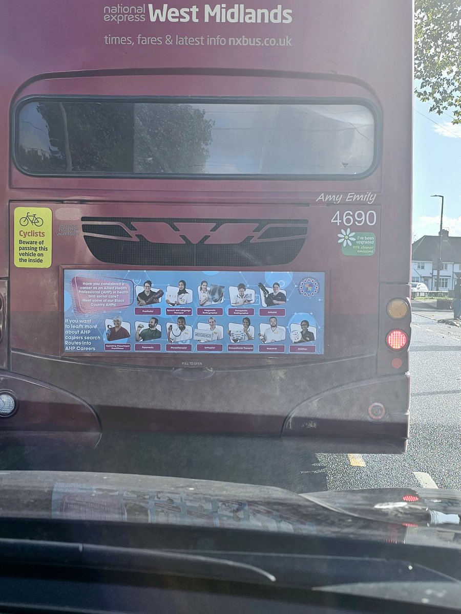 On #AHPDay2023 I'm driving though Wednesbury & see the 1st promotion on a local bus for #AHP careers...love this idea. We are amazing...but I'm biased 😉 @KarenLe08016942 @BC_AHPs @RosLeslieRWT 👏👏