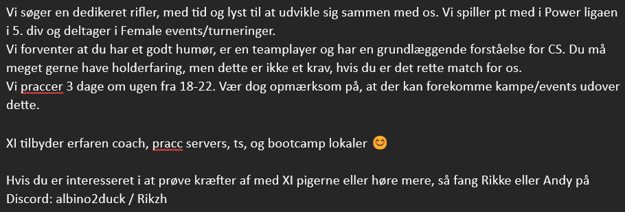 Er du free agent og søger et hold?  
 
Da vi desværre har måtte sige farvel til vores fantastiske spiller Xia, søger vi en ny spiller på XI Female!