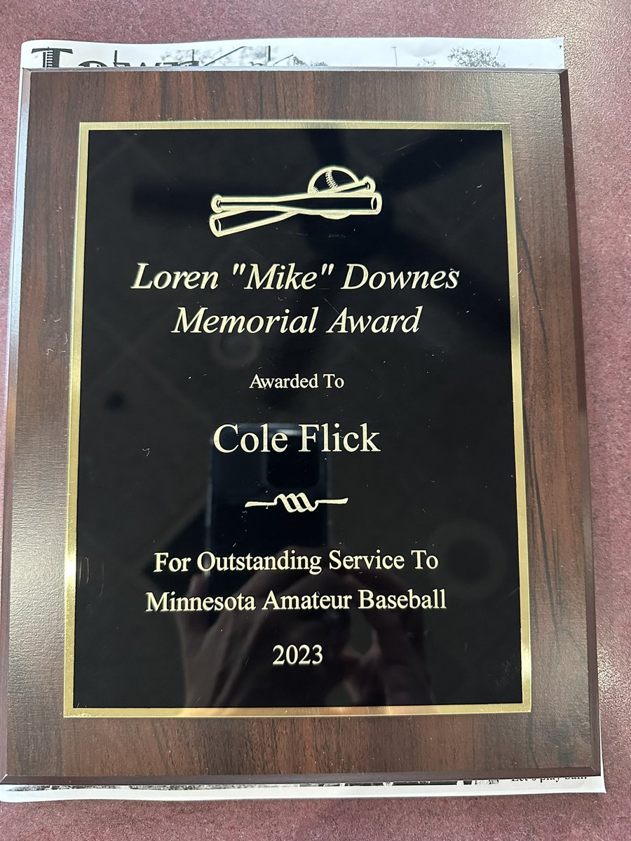 This man has dedicated his whole life to baseball. Studying it, loving it, teaching it, living it… today, <a href="/ColeFlick21/">Cole Flick</a> is the recipient of the “Lauren”Mike”Downs Memorial” award for hisoutstanding service to Minnesota Amateur Baseball 2023. 
I’m his biggest fan.