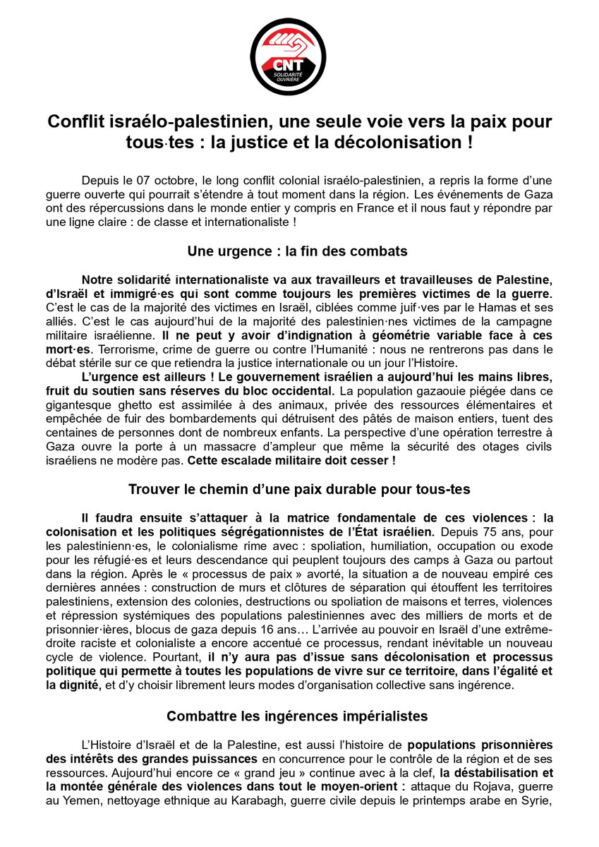cntso_fr's tweet photo. Conflit israélo-palestinien, une seule voie vers la paix pour tous-tes : la justice et la décolonisation !

Communiqué de @cntso_fr sur la guerre à #Gaza 👉 https://t.co/k9nDTN3MOu https://t.co/9EF10qfkCS