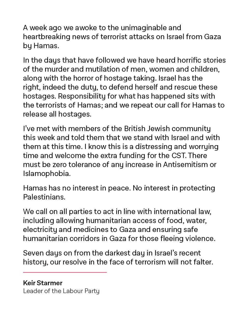 A week ago we awoke to the unimaginable and heartbreaking news of terrorist attacks on Israel from Gaza by Hamas. We repeat our call for Hamas to release all hostages immediately, and for the protection of innocent civilian lives in Israel and Gaza. My statement: