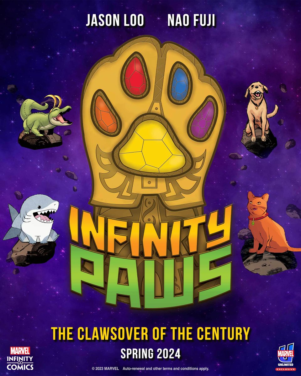 Marvel's tweet photo. Marvel Comics purr-sents 'Infinity Paws', coming to @MarvelUnlimited spring 2024. Read more: https://t.co/XlByAD5nJB #MarvelNYCC https://t.co/5jQU6PcT6U