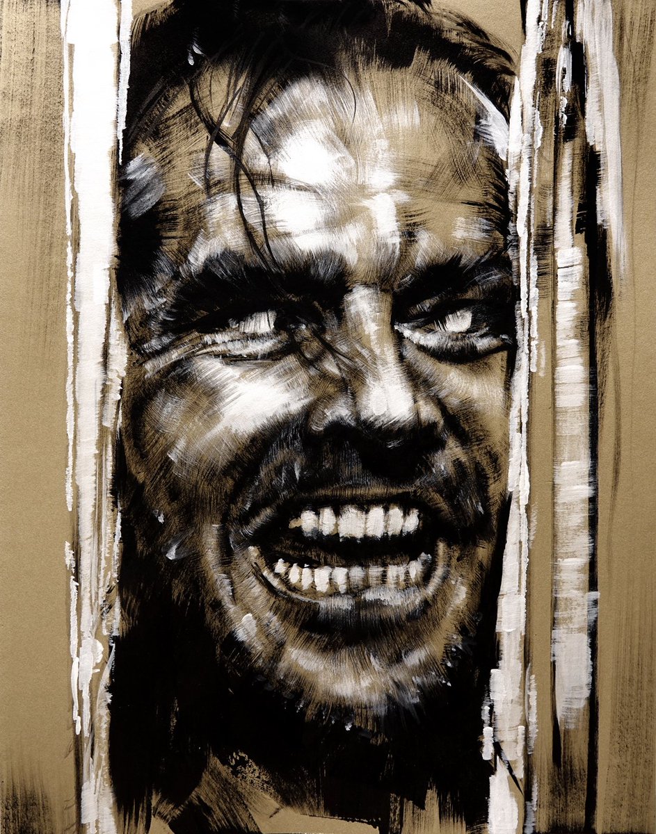goodbrush_'s tweet photo. Just a drawing of @JeffBezos reminding you it's #Amazon #PRIMEWEEK . Kidding. "Here's Johnny" from the incredible performance by #jacknicholson. 9x12 painting on toned paper. #art #painting #drawing #arte #film https://t.co/L5EZpLCdtU