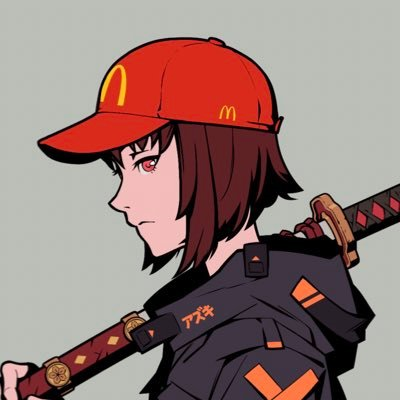 💪👩‍🍳🗡️ Meet this brave girl! She's not only strong but also stylish, holding a katana and wearing a McDonald's cap! Always ready for new adventures and a delicious lunch! 🍔🌟