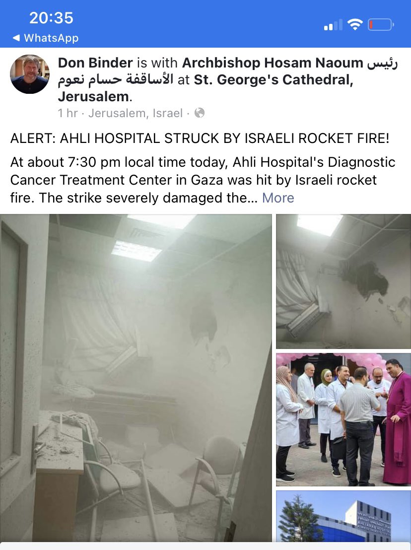 bishopnorwich's tweet photo. Tonight the Anglican run Ahli Hospital in Gaza, which I visited 10 days ago, was hit by Israeli rocket fire damaging the cancer treatment centre and injuring four staff.
The violence MUST stop.
Please pray for the incredible staff who are continuing to care for their patients. https://t.co/v1N9mVWk4L