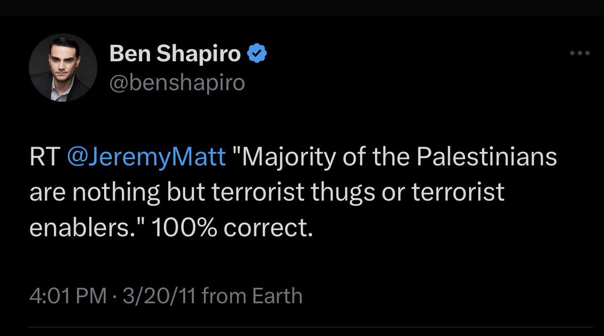 🇮🇱🇵🇸 Ben Shapiro says the “majority of Palestinians are nothing but terrorist thugs or terrorist enablers…”

Keep in mind 52% of Palestinians are younger than 18 years old.