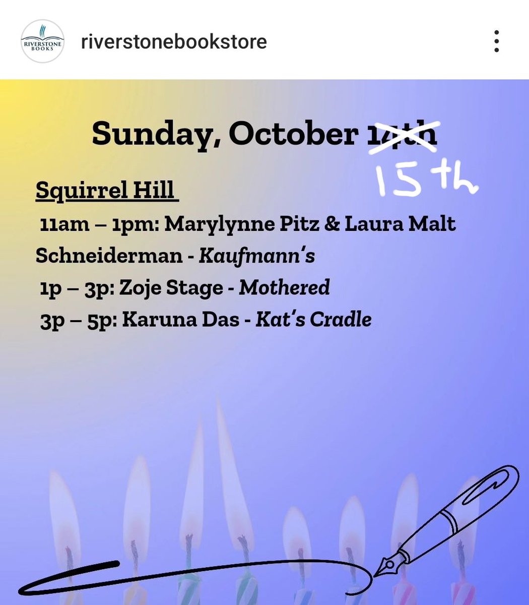 Tomorrow, Sun. 10/15, 1-3pm, I'll be at Riverstone Books Squirrel Hill, probably sitting by myself &amp; questioning my life. 😜 But seriously, if you're a #writer and want to talk shop, stop by. If you're a #reader and want a bookmark or signed #book, stop by...