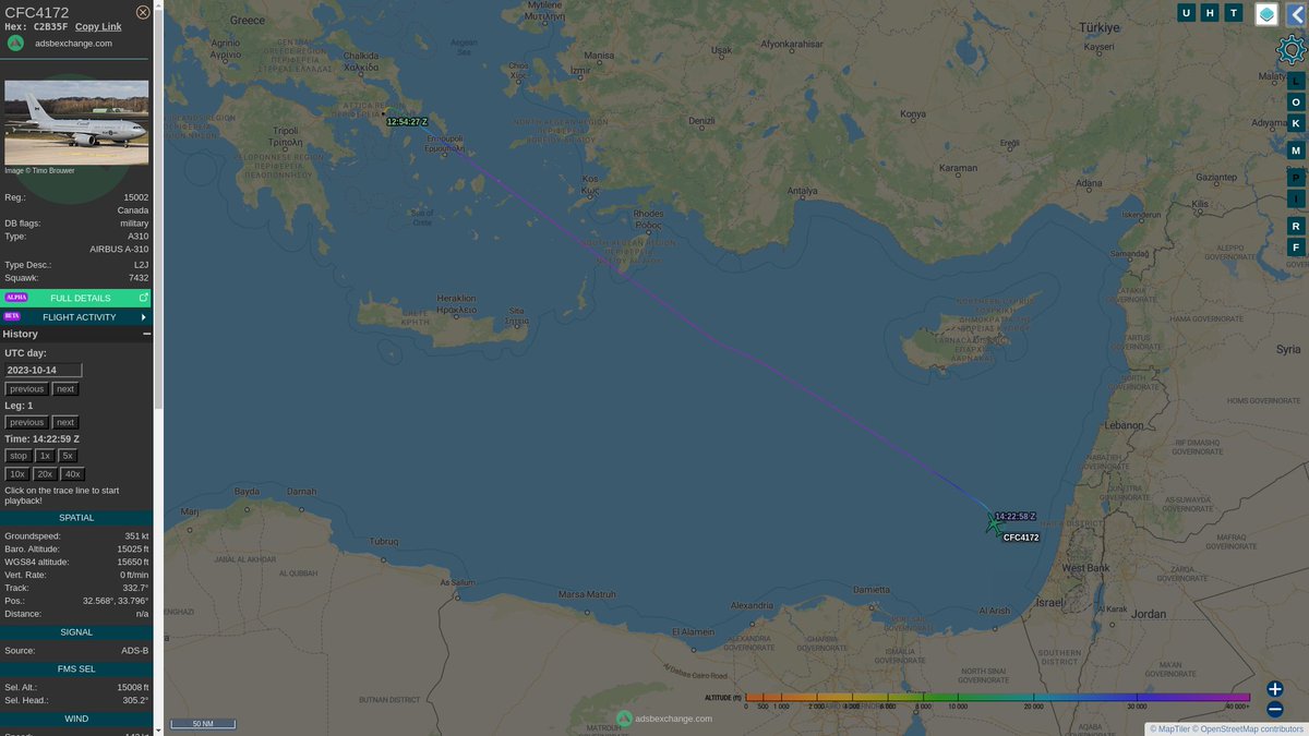 steffanwatkins's tweet photo. ๐จ๐ฆ #RCAF CC-150 Polaris 15002 #C2B35F call sign #CFC4172 departed Athens ๐ฌ๐ท ~12:54Z on October 14 and arrived at Ben Gurion International Airport in #Israel ๐ฎ๐ฑ after 14:22Z, to conduct Canada's sixth evacuation flight.
https://t.co/k2kDDPOGz3 https://t.co/jbzz3BqKPT