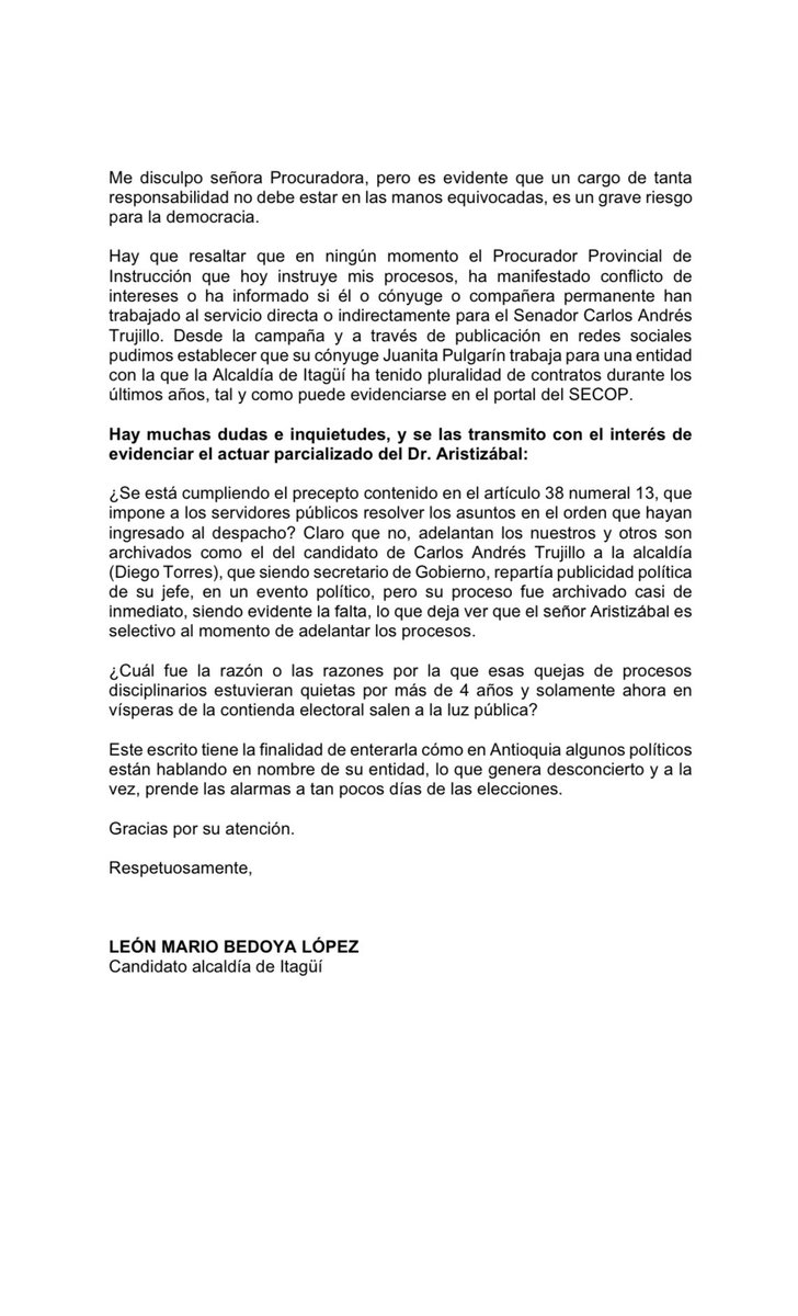 Pongo en conocimiento de la dra. #MargaritaCabello ,Procuradora Gral. mi preocupación por la actuación parcializada de ciertos funcionarios y políticos en Antioquia. Pedimos actuación ajustada a derecho de procesos disciplinarios y garantía de igualdad de condiciones electorales.