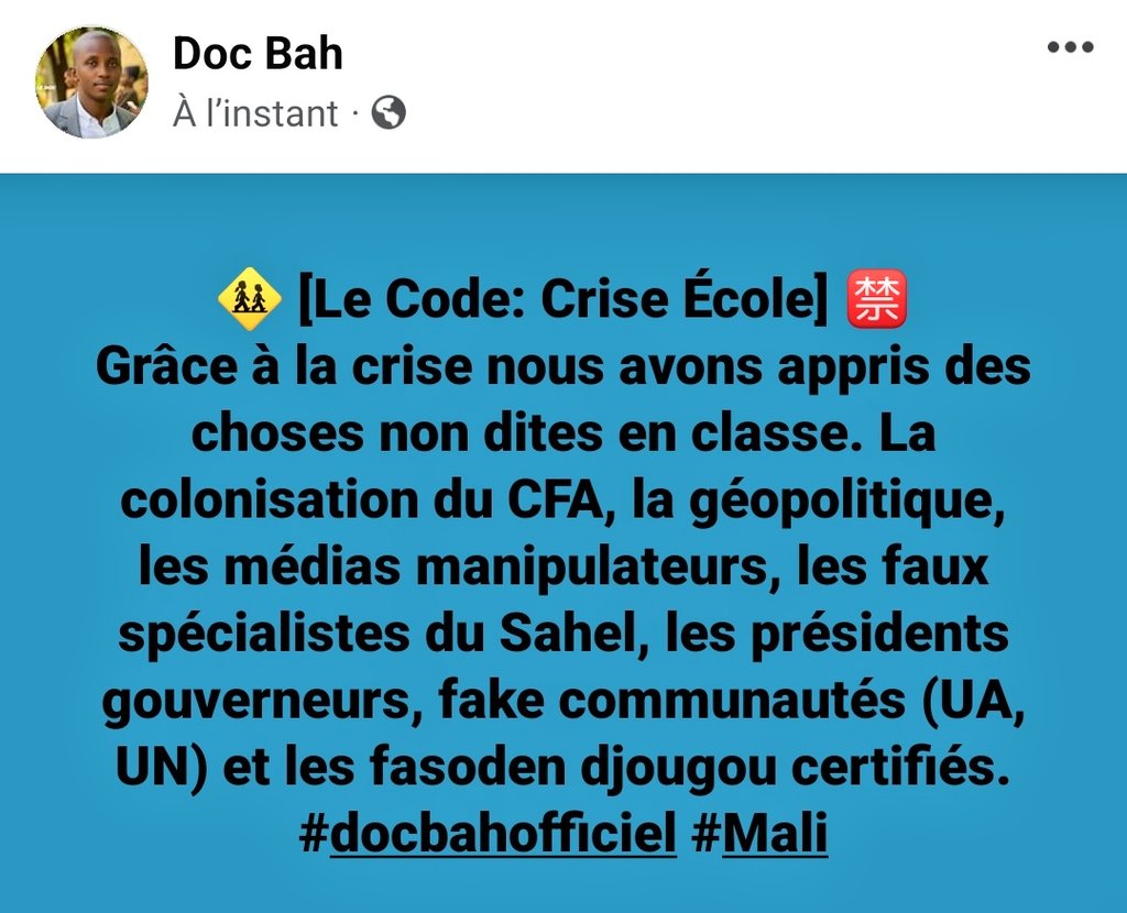 🚸 [Le Code: Crise École] 🈲
Grâce à la crise nous avons appris des choses non dites en classe. <a href="/GoitaAssimi/">Général d'Armée Assimi GOITA</a> <a href="/ChoguelKMaiga/">Choguel Kokalla Maiga</a>  <a href="/AbdoulayeDiop8/">Amb. Abdoulaye Diop</a> #docbahofficiel #Mali