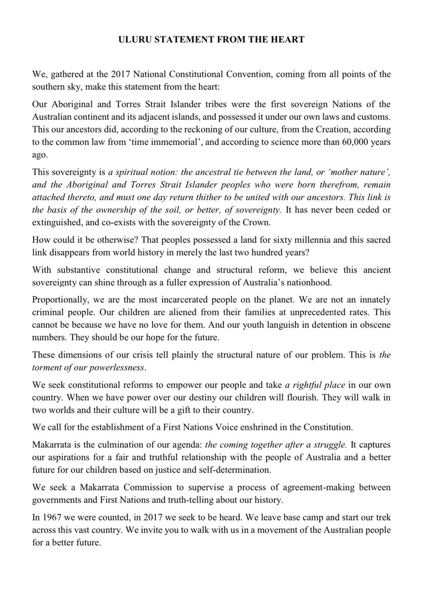 First Nations people issued a letter to all Australians, called ‘statement from the heart’. They asked to be recognised in the constitution. In a national vote the people of Australia overwhelmingly rejected them. #TheVoice For those who never bothered reading it before voting,…