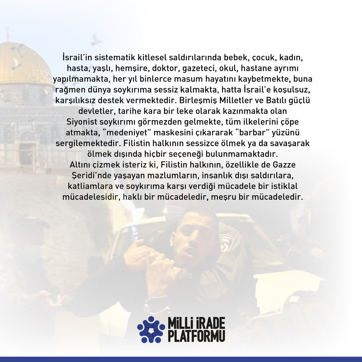 onderihl's tweet image. Milli İrade Platformu olarak Filistin davasını sarsılmaz sekilde savunmayı sürdürecegiz. 

Yaşanan katliam ve soykırıma sessiz kalmayacağız. Hakkın, adaletin, insani değerlerin safında yer alacak, mazlumun yanında, zalimin karşısında duracağız.

Filistin yalnız değildir. Filistin…