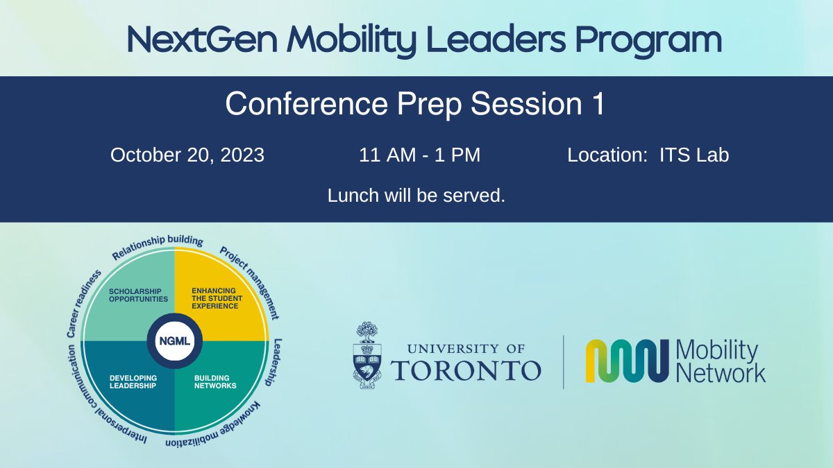 Be sure to join us for the #NextGen Mobility Leaders Program Conference Session on October 20th from 11-1. Lunch will be served! You can register at: mobilitynetwork.utoronto.ca/event/nextgen-… #MobilityNetwork #Conference